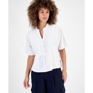 Nautica Jeans Women's Linen-Blend Peplum Top in Bright White